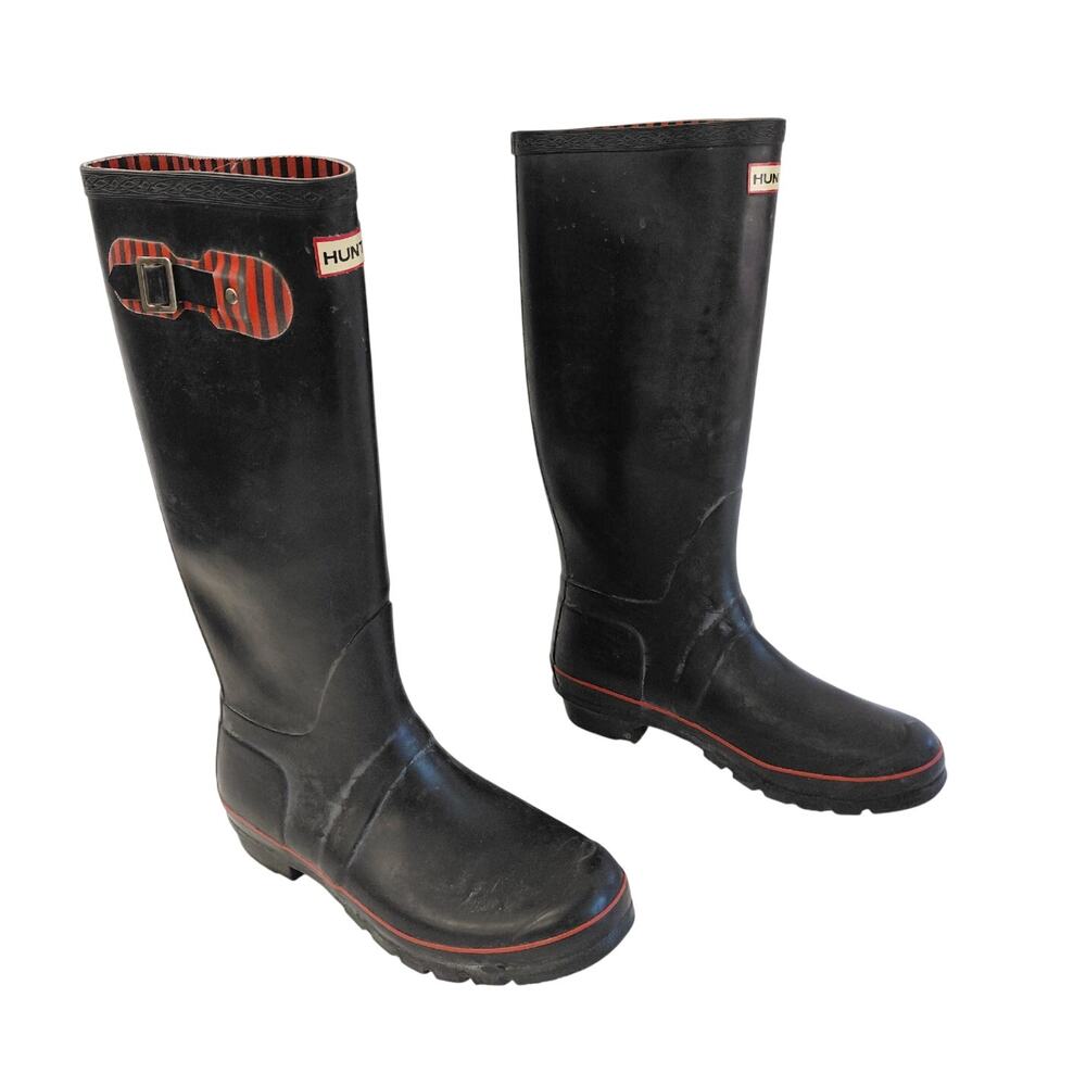 Hunter Original Tall Rain Boots Black Red Stripe Waterproof Wellington Size 8